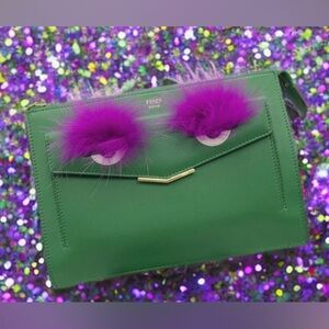 Monster Front Pocket Clutch Leather with Fur - EUC